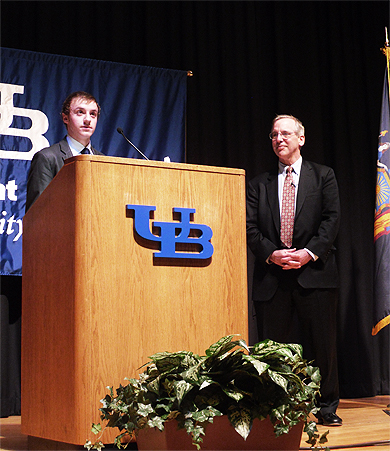 President Dudley addresses students at the University at Buffalo