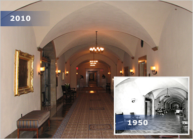 A before and after look at the main hallway on the 10th floor of the New York Fed. Much of the original furniture was refurbished and is still in use today.